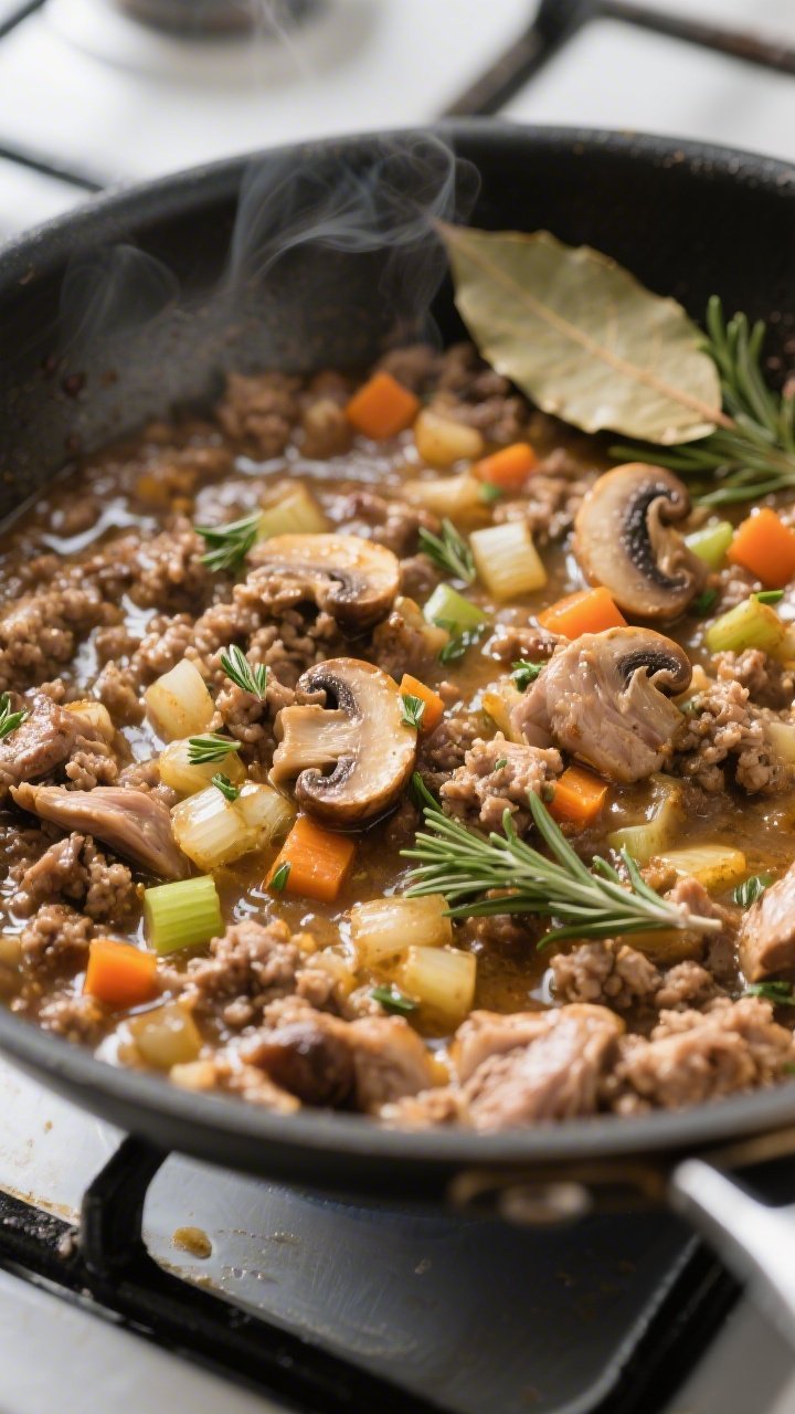 Cooking process, close-up detail: Rabbit and mushroom mince filling in a wide skillet mid-simmer, gl