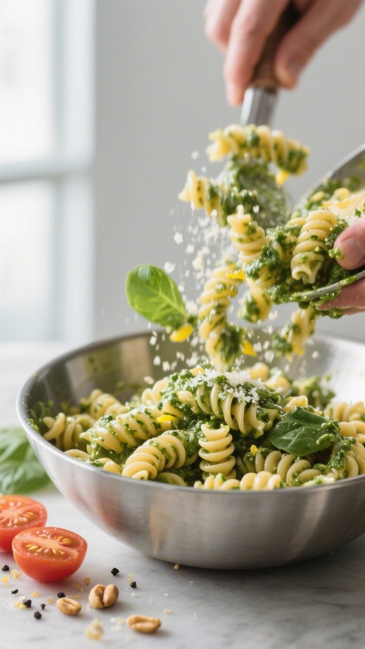 Cooking process: Close-up of al dente fusilli being tossed in a large stainless bowl with glossy, cr