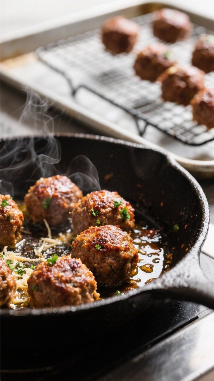 Cooking process close-up: Searing beef meatballs in a large skillet, golden-brown crust forming with