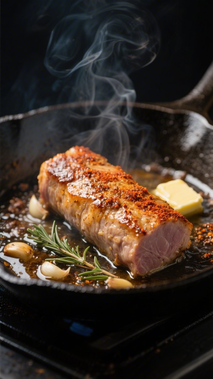 Cooking process close-up: Searing keto pork tenderloins in an oven-safe cast-iron skillet, golden-br