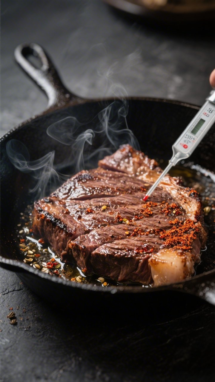 Cooking process close-up: Sliced skirt steak sizzling in a ripping-hot cast-iron skillet, deep brown