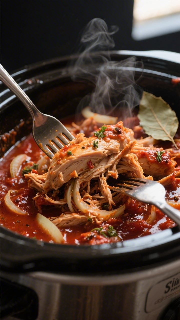 Cooking process close-up: Slow cooker chicken tinga just after shredding in the pot—juicy, tender 
