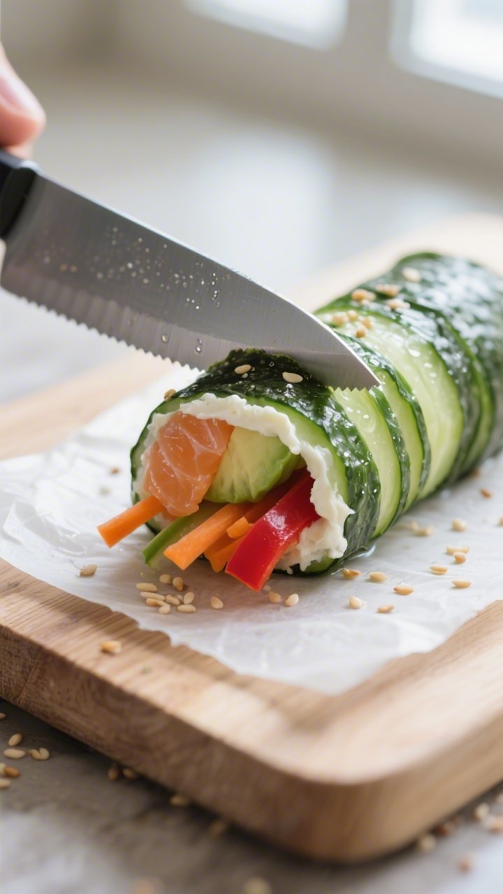 Cooking process close-up: Tight shot of a cucumber sushi roll being sliced after chilling, seam-side