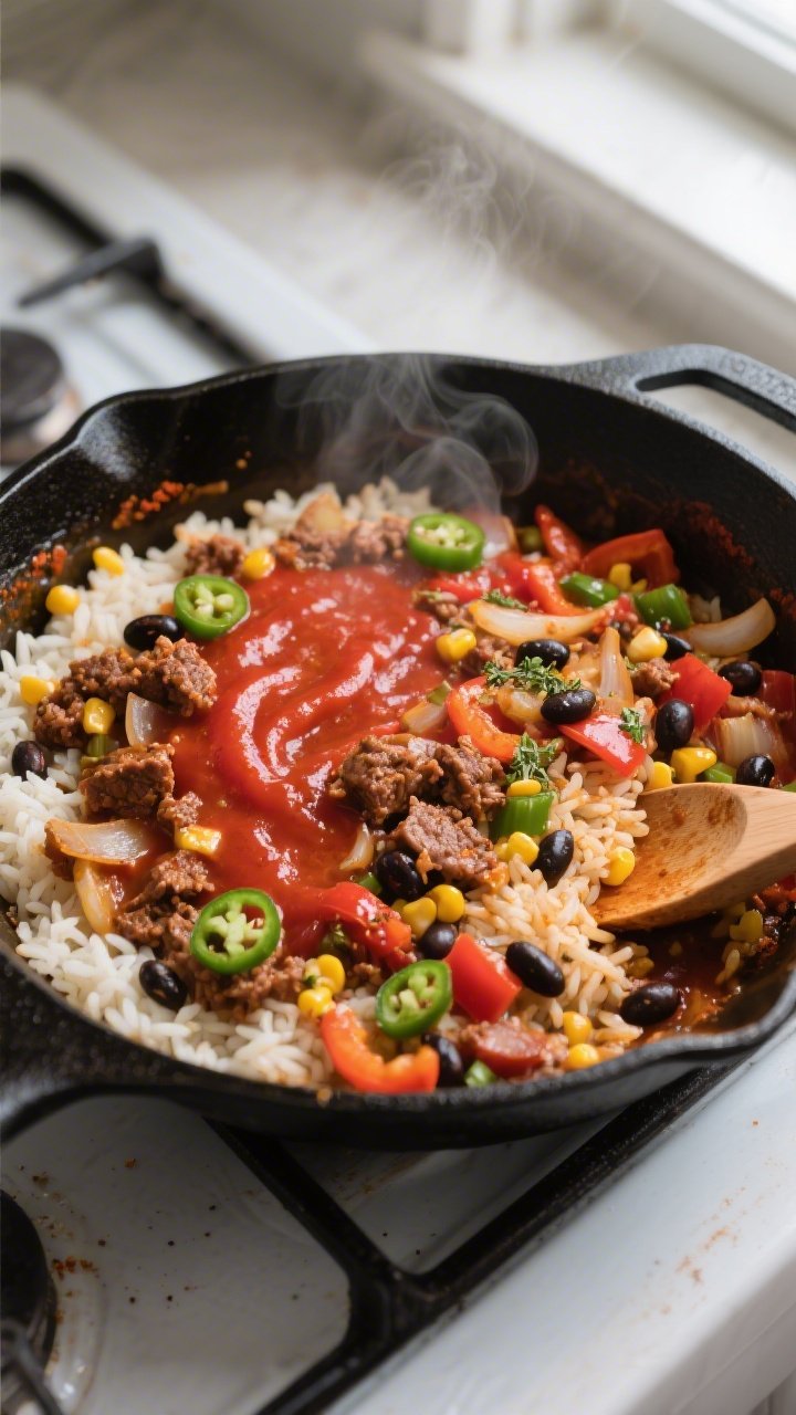 Cooking process, overhead: One-Pot Mexican Beef and Rice Skillet mid-simmer in a large 12-inch black