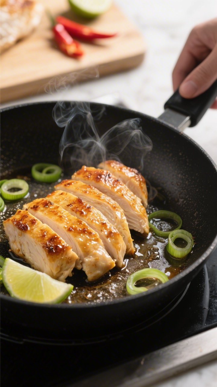 Cooking process: Sliced, just-rested chicken breast being seared golden in a matte black skillet, gl