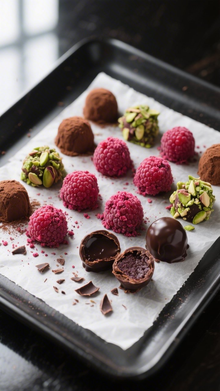 Final dish overhead shot: Raspberry chocolate truffles arranged in a neat grid on parchment over a m