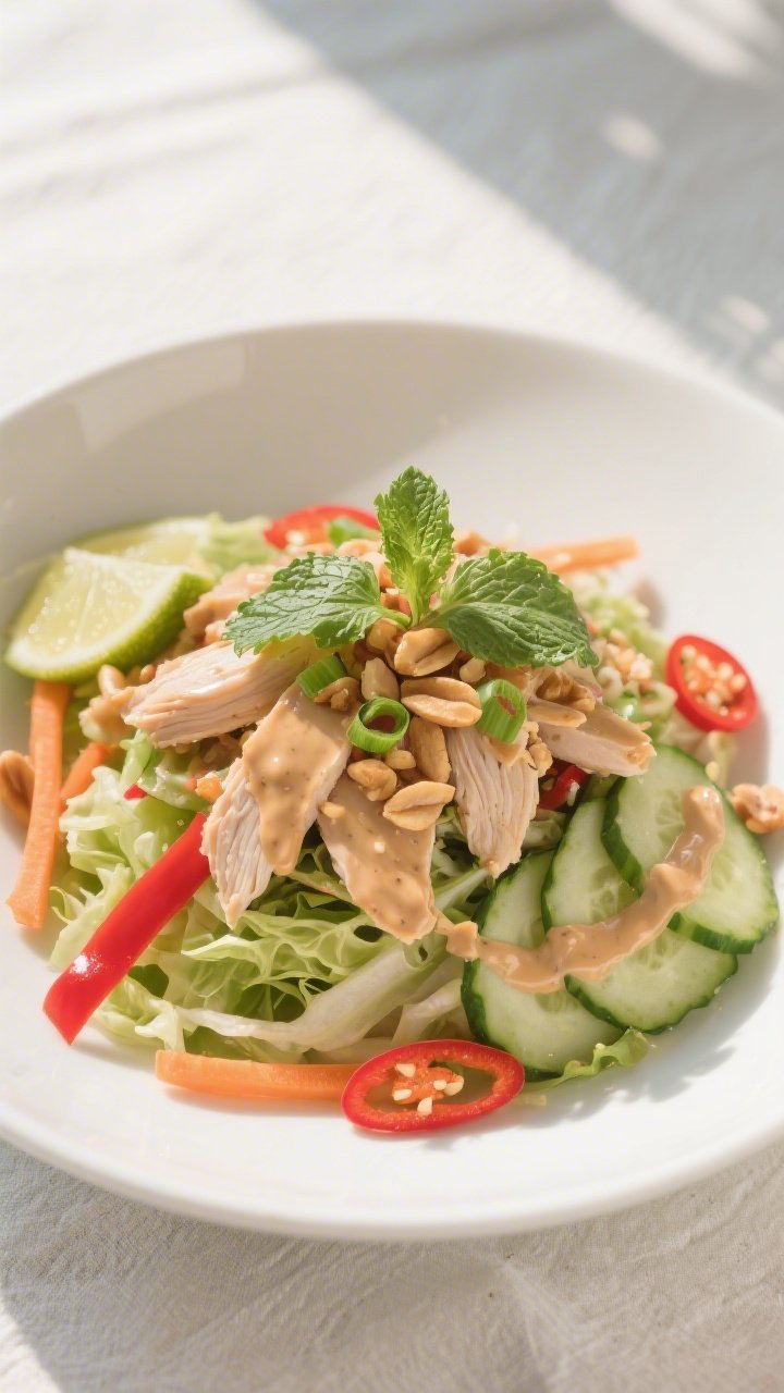 Final dish, overhead: Spicy Thai Chicken Salad with Peanut Dressing arranged in a wide, shallow whit