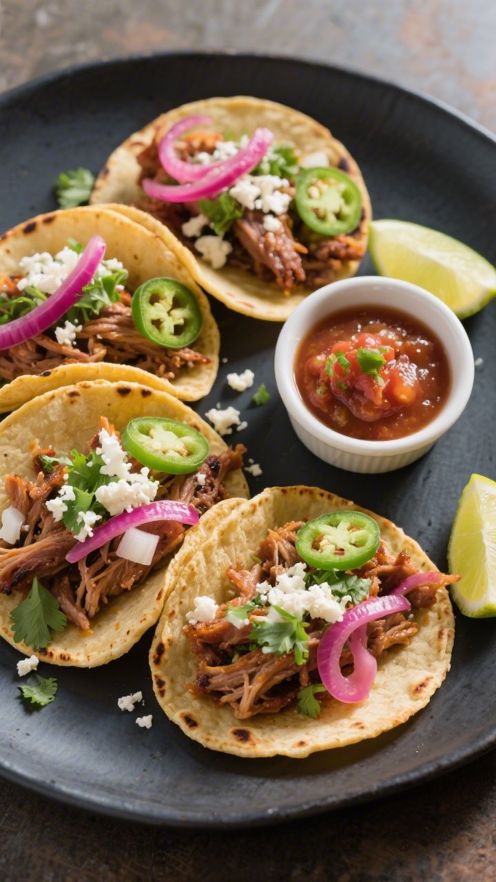 Final dish overhead: Street-style pulled pork tacos on small warmed corn tortillas arranged on a mat