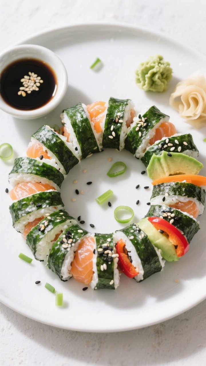 Final dish overhead: Top-down platter of sliced cucumber sushi rolls arranged in a tidy spiral on a 