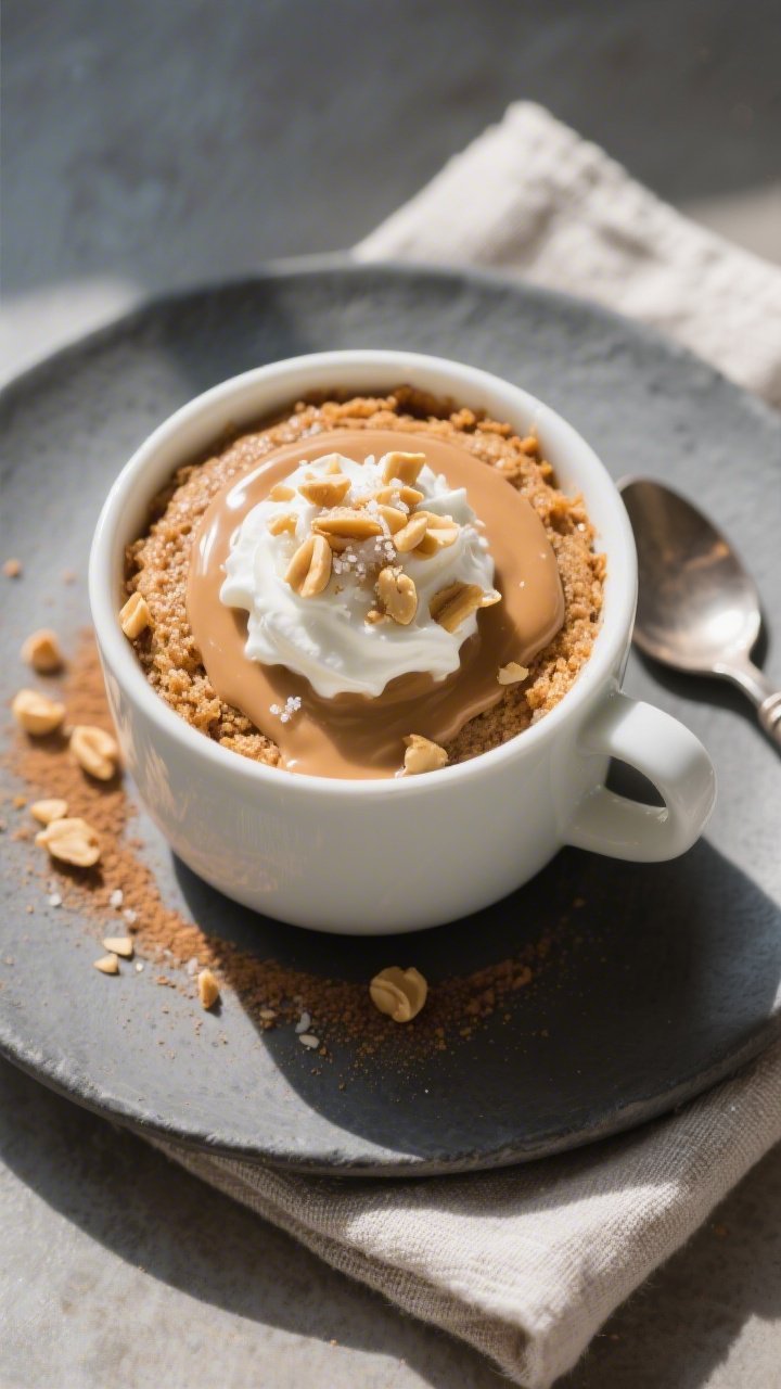 Final dish overhead: Top-down shot of the Peanut Butter Keto Mug Cake served in a simple white mug o