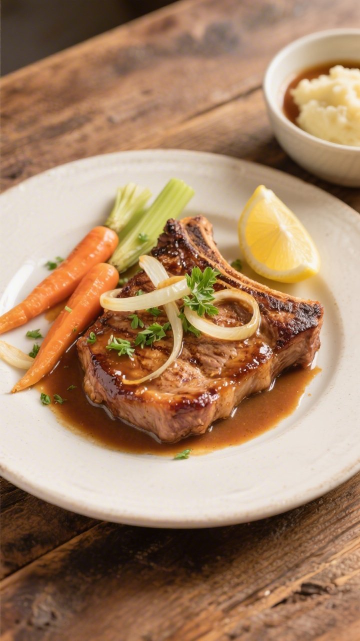 Final dish, plated presentation top view: Overhead shot of braised pork chops plated on a wide, warm