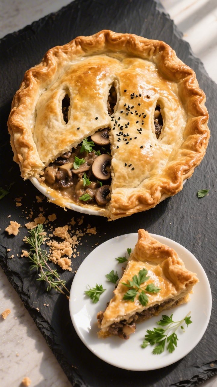 Final dish, tasty top view: Overhead shot of a 9-inch rabbit mince pie baked to deep golden with dra