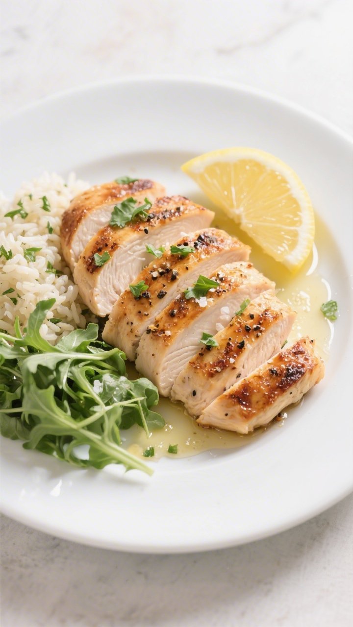 Final dish, tasty top view: Overhead shot of sliced pan-seared chicken breast fanned on a white cera