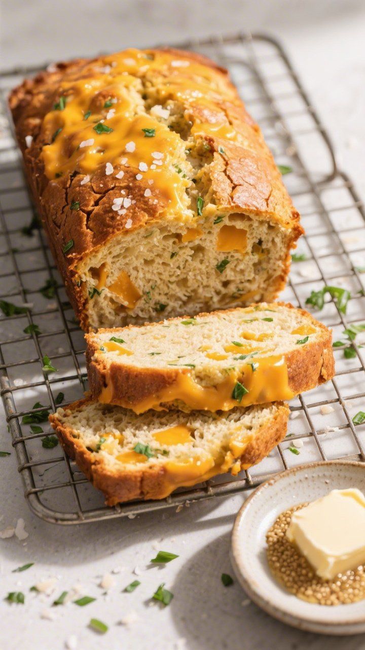 Final dish, tasty top view: Overhead shot of the baked Savory Cheese & Herb Quick Bread on a cooling