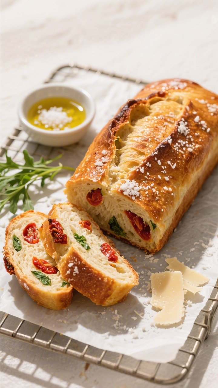 Final dish, tasty top view: Overhead shot of the fully baked Sun-Dried Tomato Bread Loaf on a coolin