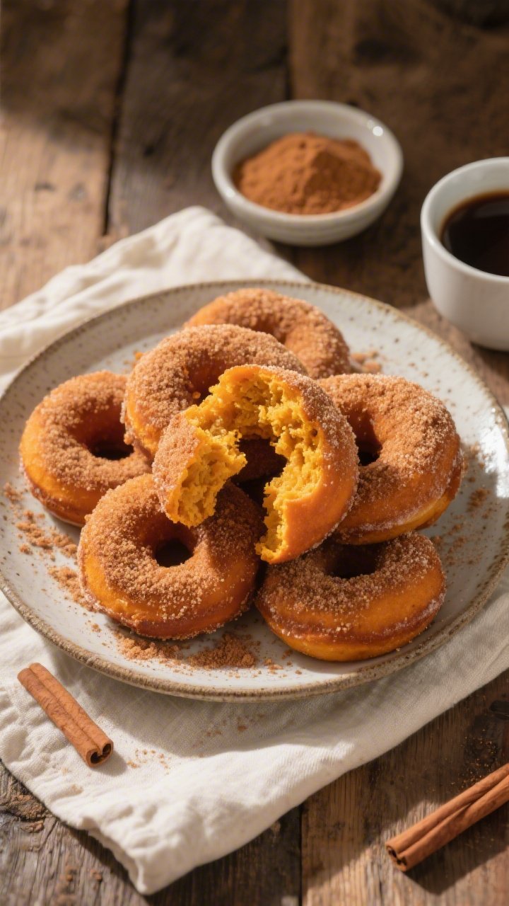 Final dish, top view: Overhead shot of a rustic ceramic platter piled with cinnamon sugar–coated p