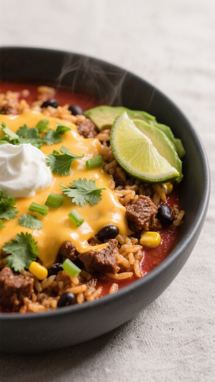 Final plated, close-up detail: A bowl of the finished Mexican Beef and Rice Skillet, tight three-qua