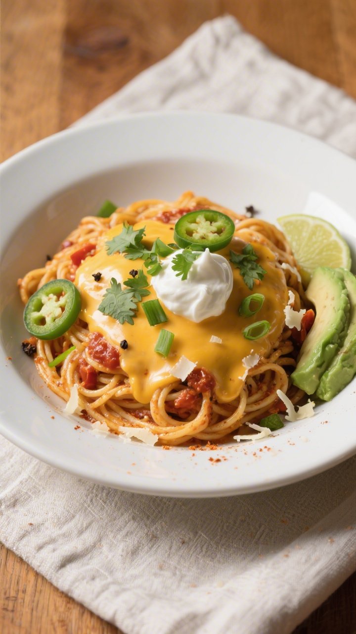 Final plated overhead: Cheesy Taco Spaghetti twirled into a cozy nest in a wide, matte white bowl, t