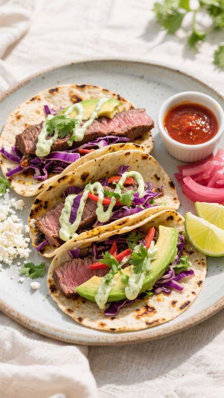 Final plated overhead: Grilled steak tacos assembled on lightly charred corn tortillas, thin slices 