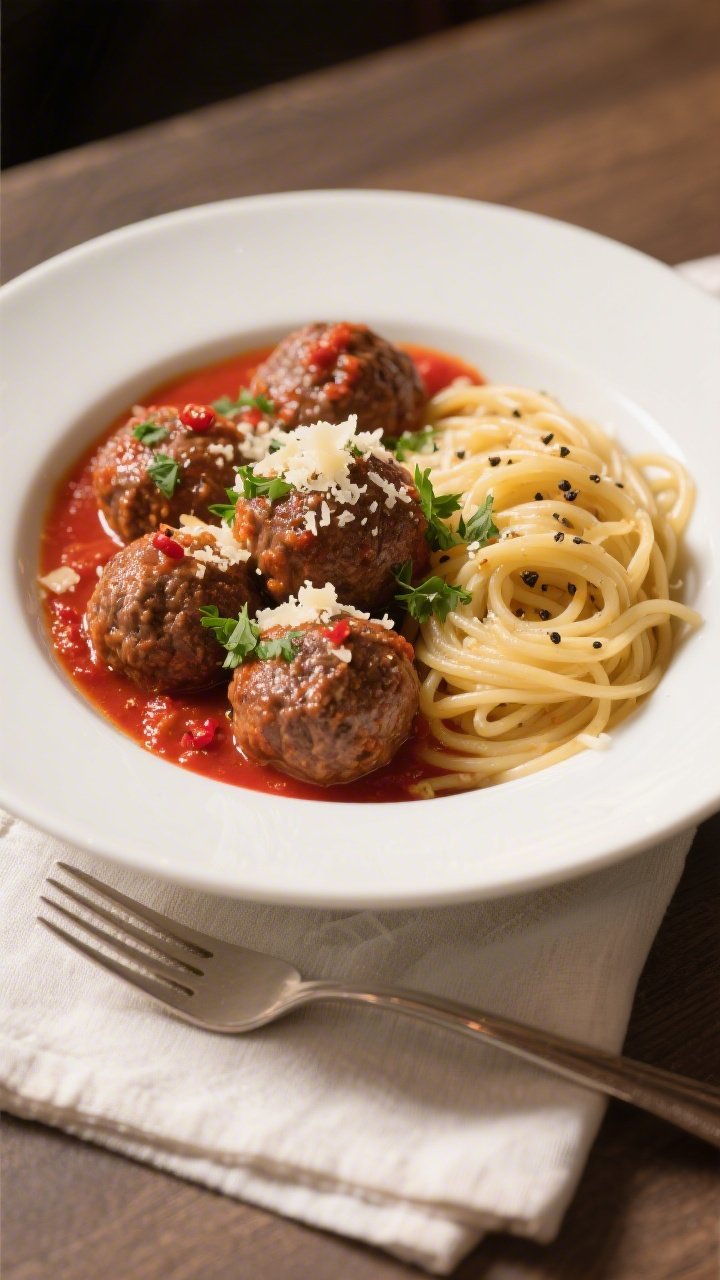 Final plated overhead: Overhead shot of golf-ball–size beef meatballs nestled in rich marinara sau