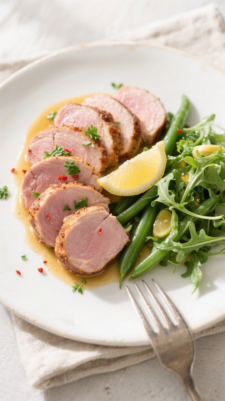 Final plated overhead: Sliced pork tenderloin medallions (1/2-inch) fanned on a matte white plate, b