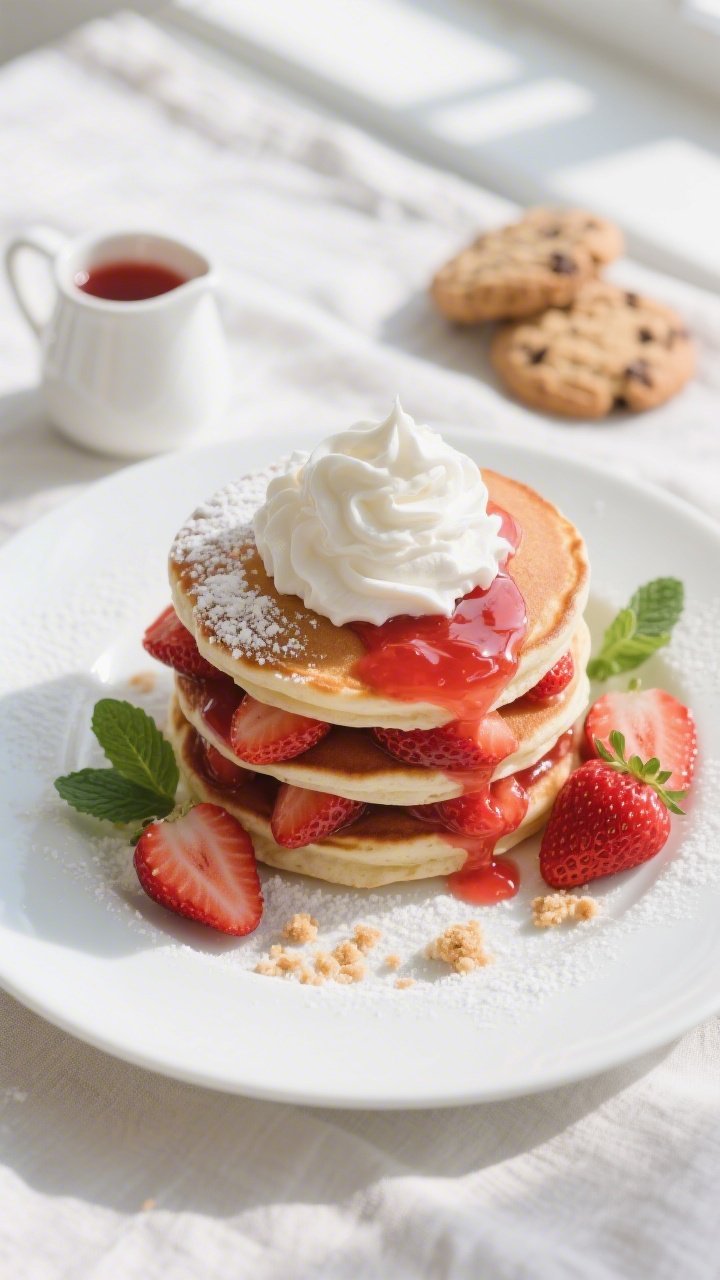 Final plated overhead: Strawberry Shortcake Pancake stack layered with glossy macerated strawberries