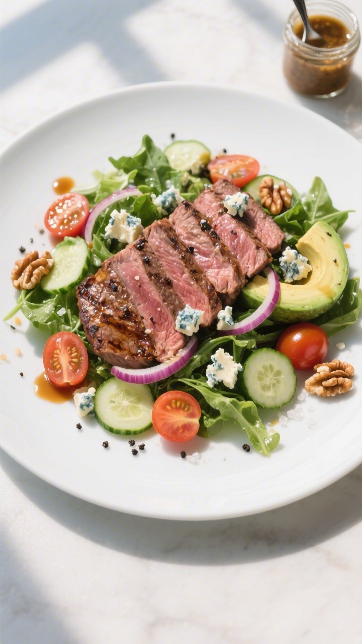 Final plated, tasty top view: Overhead shot of Grilled Steak Salad with Blue Cheese on a wide white 