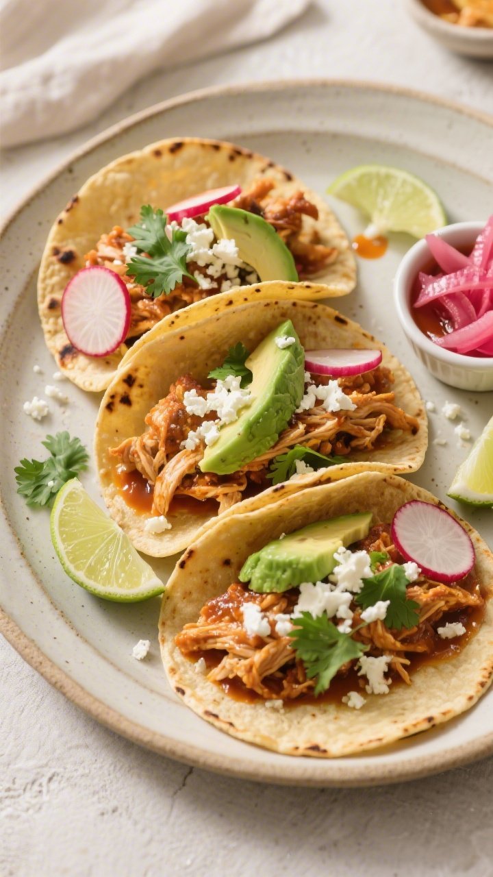 Final taco presentation, overhead: Three chicken tinga tacos on warm, lightly charred corn tortillas