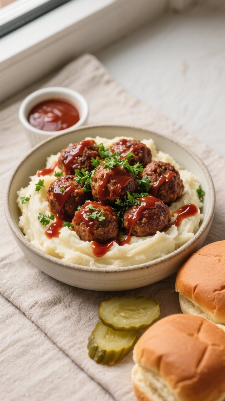 Overhead final presentation: Bowl of BBQ turkey meatballs nestled over creamy mashed potatoes, gener