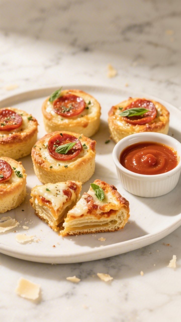 Overhead final presentation of Mini Pepperoni Pizza Cakes arranged on a matte white platter, each to