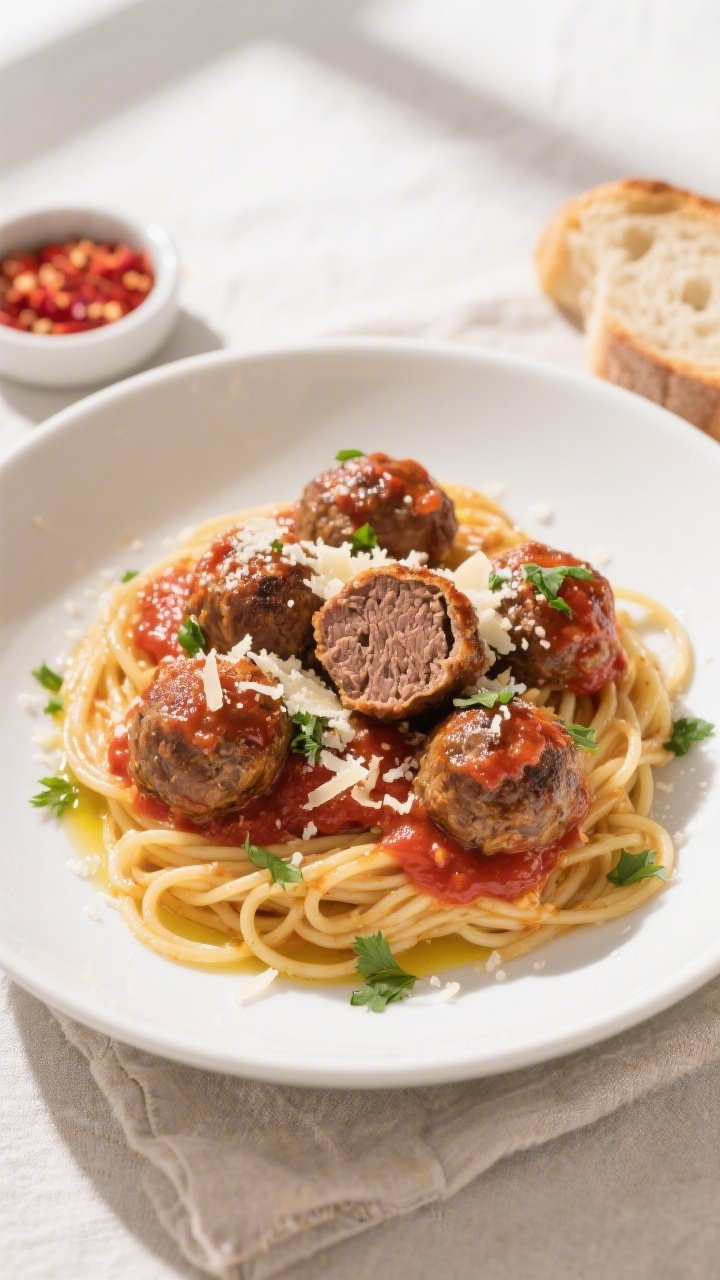 Overhead final presentation of spaghetti and marinara topped with the baked beef meatballs, richly c