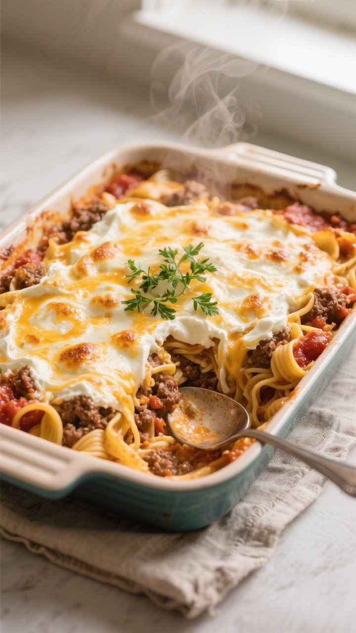 Overhead shot of a freshly baked Cheesy Amish Hamburger Casserole just out of the oven, cheese melte