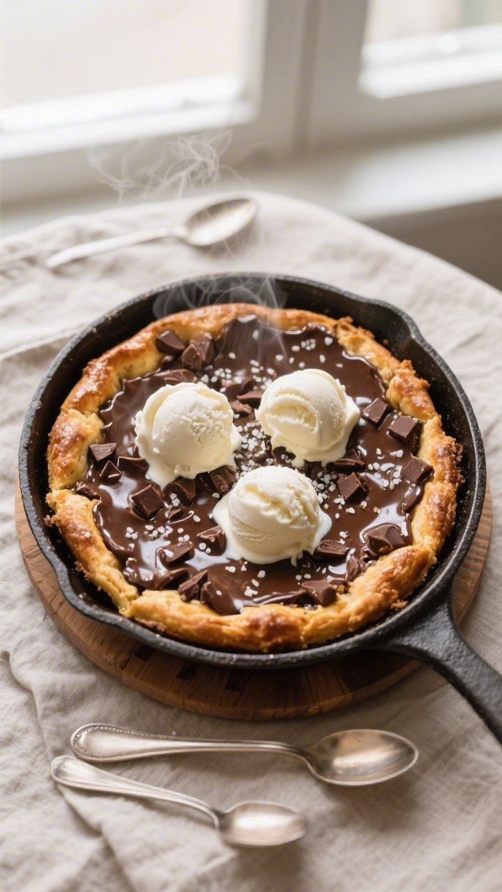 Overhead shot of a freshly baked chocolate chip pizookie in a 9-inch cast-iron skillet, golden caram