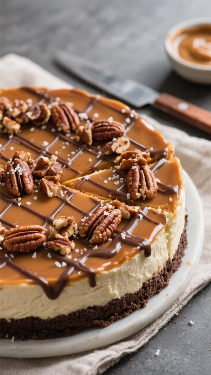 Overhead shot of a fully chilled Classic Turtle Cheesecake just after topping: a glossy, thin blanke