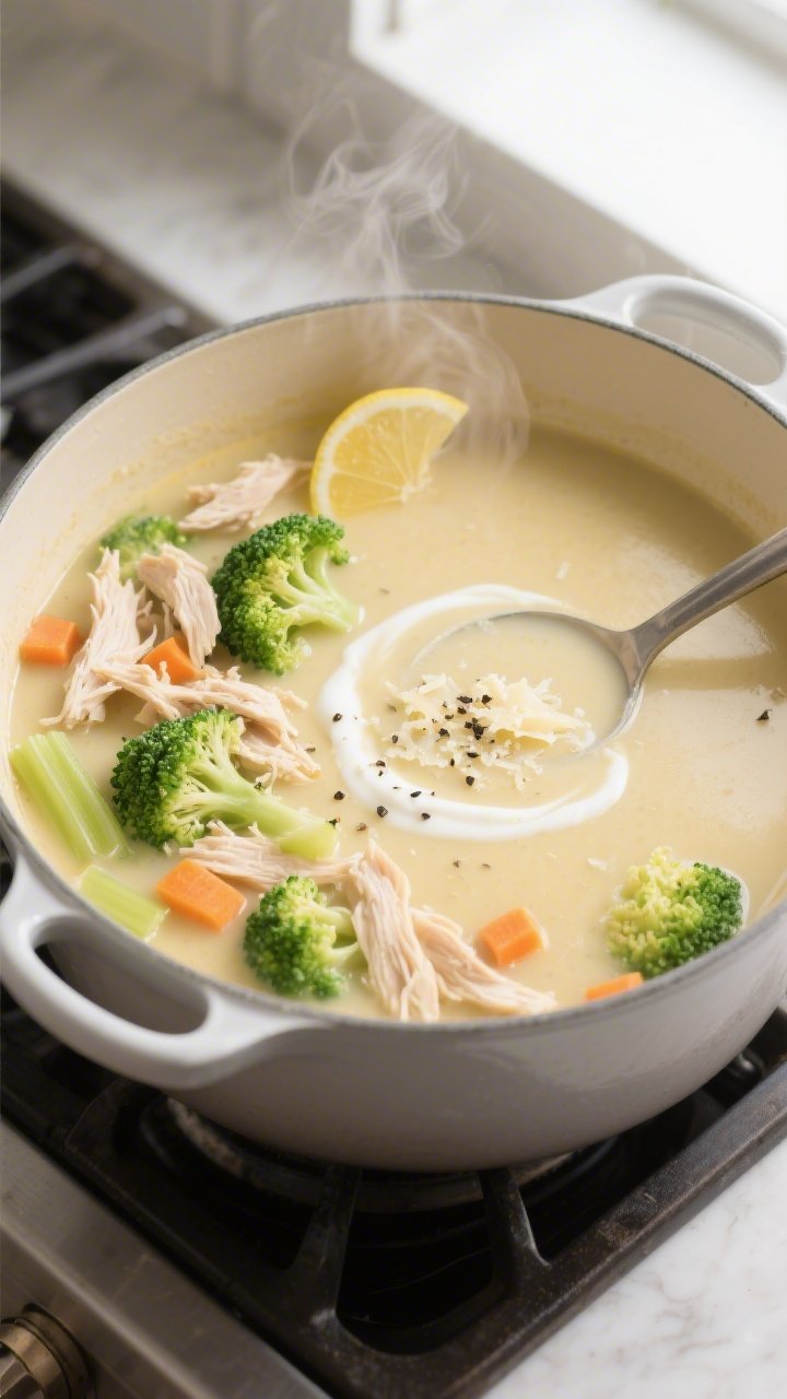 Overhead shot of creamy chicken broccoli soup just after finishing, in a wide enamel Dutch oven on a