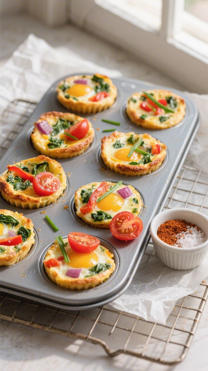 Overhead shot of freshly baked egg muffins with veggies cooling in a 12-cup muffin tin on a wire rac