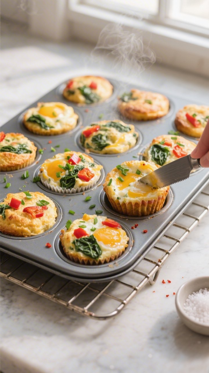 Overhead shot of freshly baked savory cottage cheese egg muffins cooling in a 12-cup muffin tin, gol