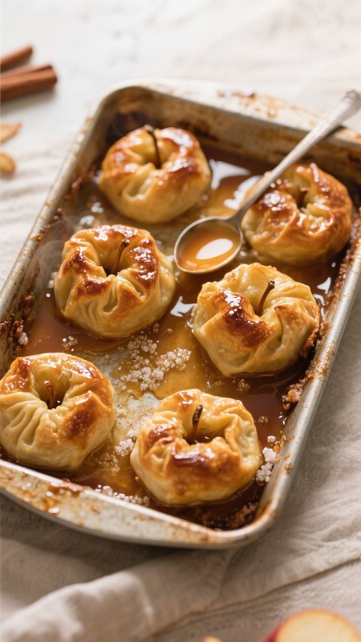 Overhead shot of freshly baked Southern apple dumplings in a butter-greased 9x13 pan, tops deeply go