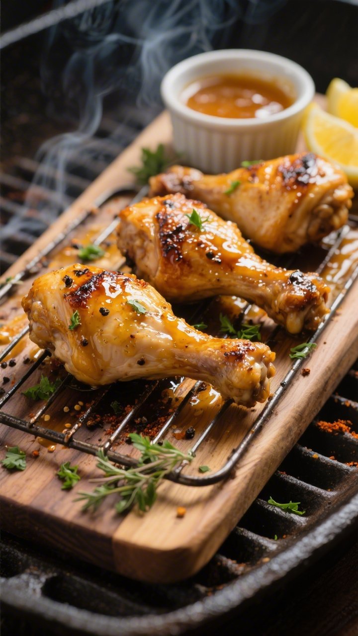 Overhead shot of honey mustard glazed chicken thighs just off the grill, golden-brown with lightly c