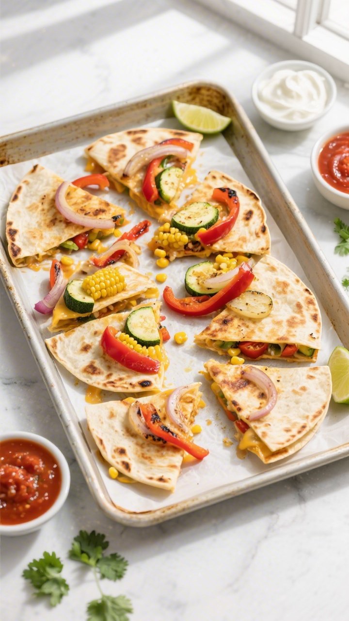 Overhead shot of sheet pan veggie quesadillas fresh from the oven on a parchment-lined half sheet pa