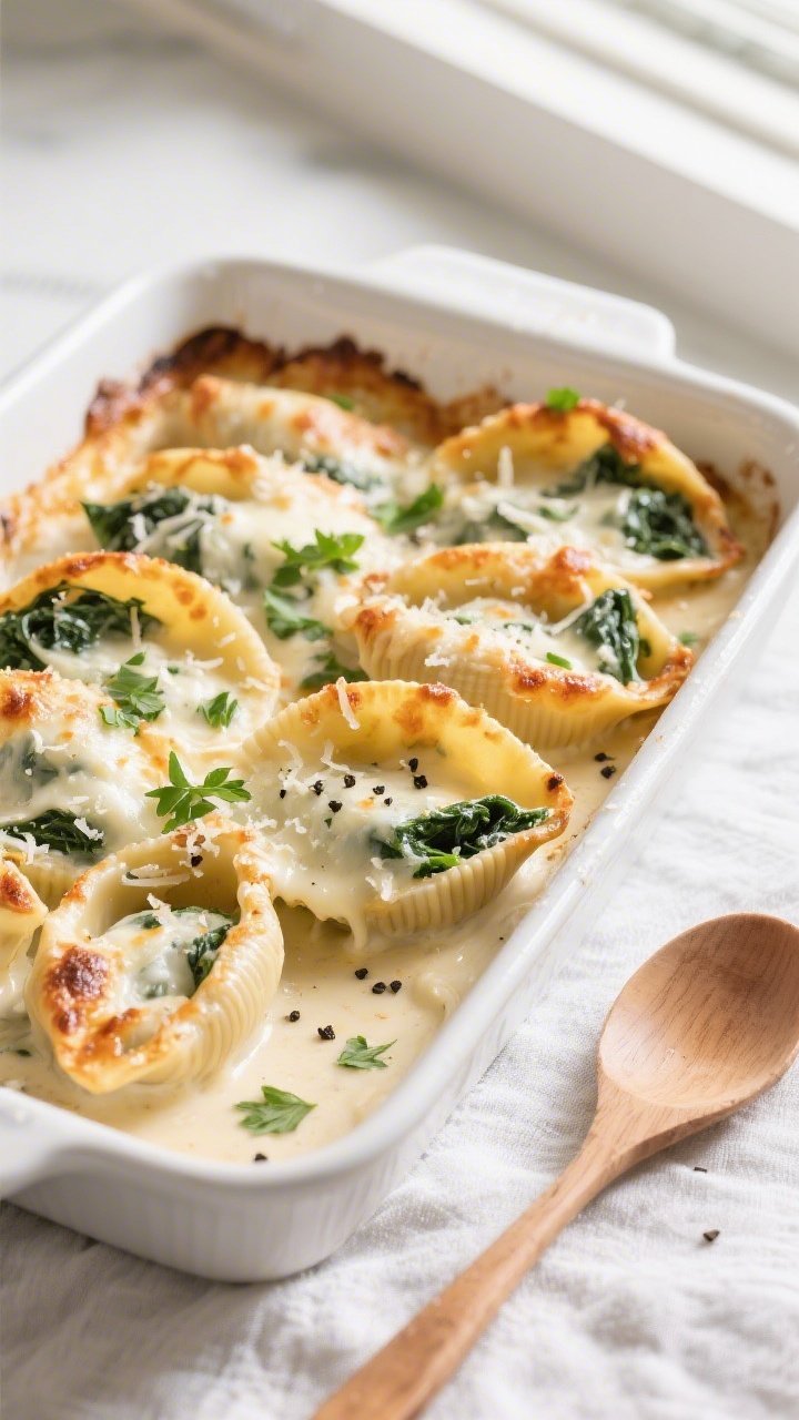Overhead shot of Spinach Alfredo Shells just out of the oven: jumbo shells snug in a 9x13 baking dis