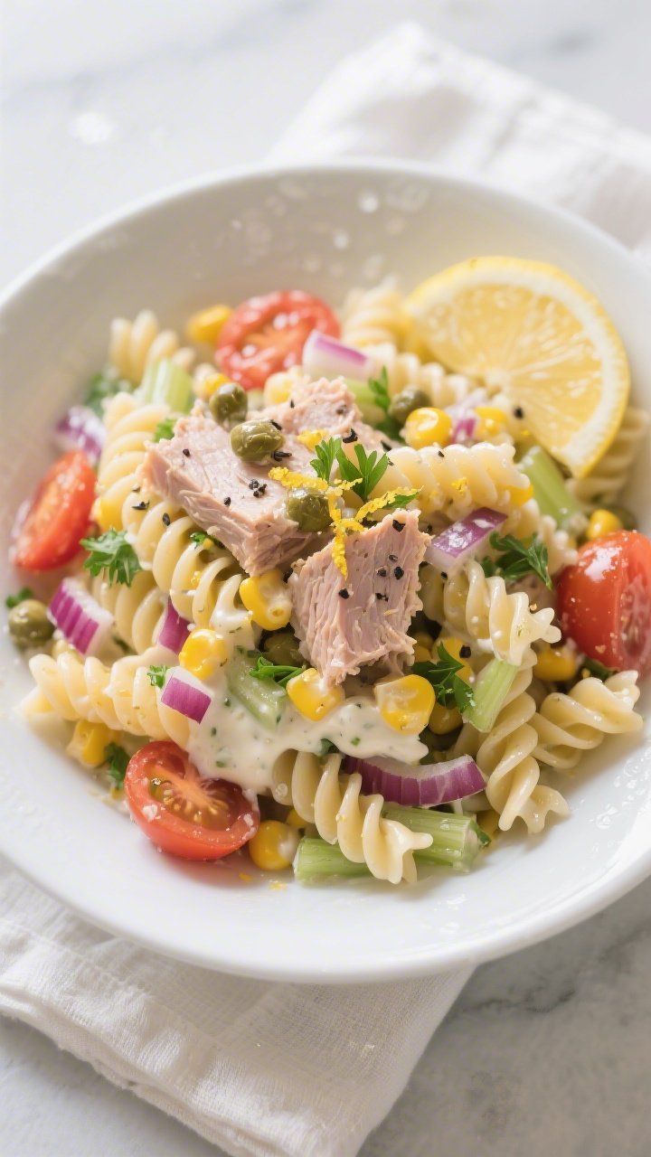 Overhead shot of the finished Cold Tuna & Sweetcorn Pasta Salad in a wide, shallow white bowl: fusil