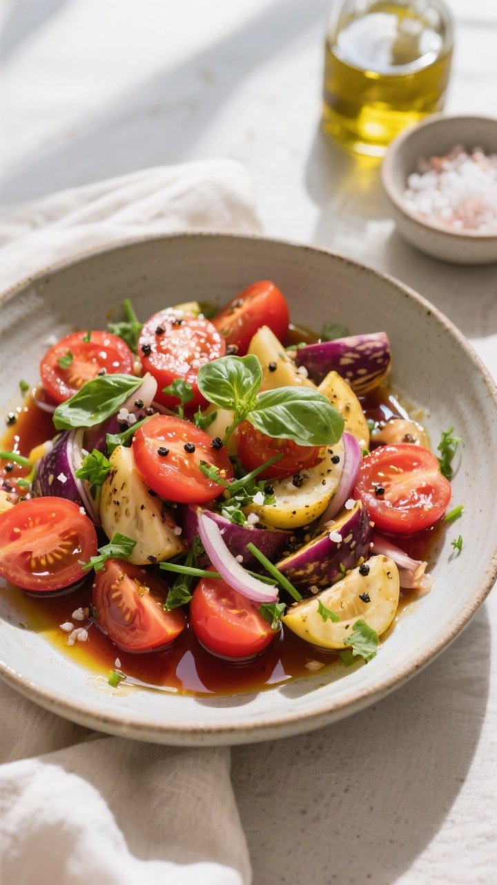 Overhead shot of the prepared classic tomato salad just after the gentle toss and brief rest: a larg