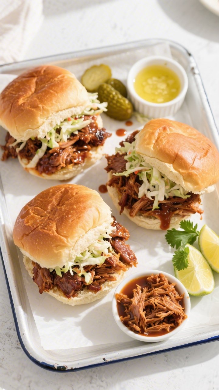 Tasty top-view final presentation: Overhead shot of BBQ pulled pork sandwiches on toasted brioche bu