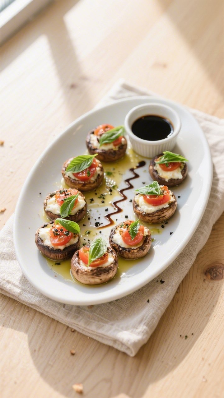Tasty top-view final presentation: Overhead shot of a platter of Caprese stuffed mushrooms neatly ar