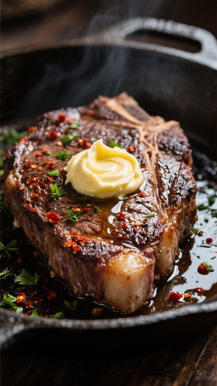 Close-up detail: A thick, sizzling ribeye just off the cast-iron, a glossy coin of spicy cowboy butt