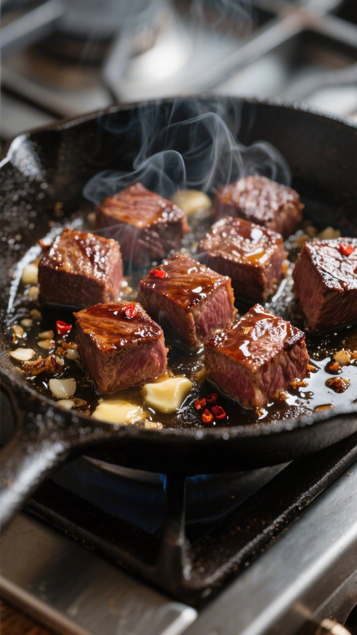 Close-up detail, cooking process: Searing honey-garlic steak bites in a ripping-hot cast-iron skille