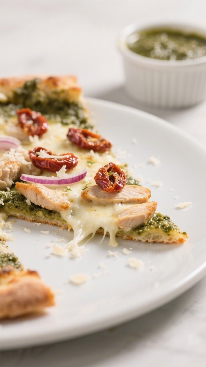 Close-up detail of a single sliced wedge of Chicken Pesto Pizza on a matte white plate, highlighting
