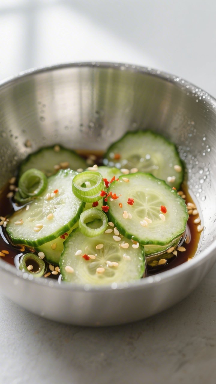 Close-up detail: Paper-thin cucumber rounds after salting and drying, being gently tossed with gloss