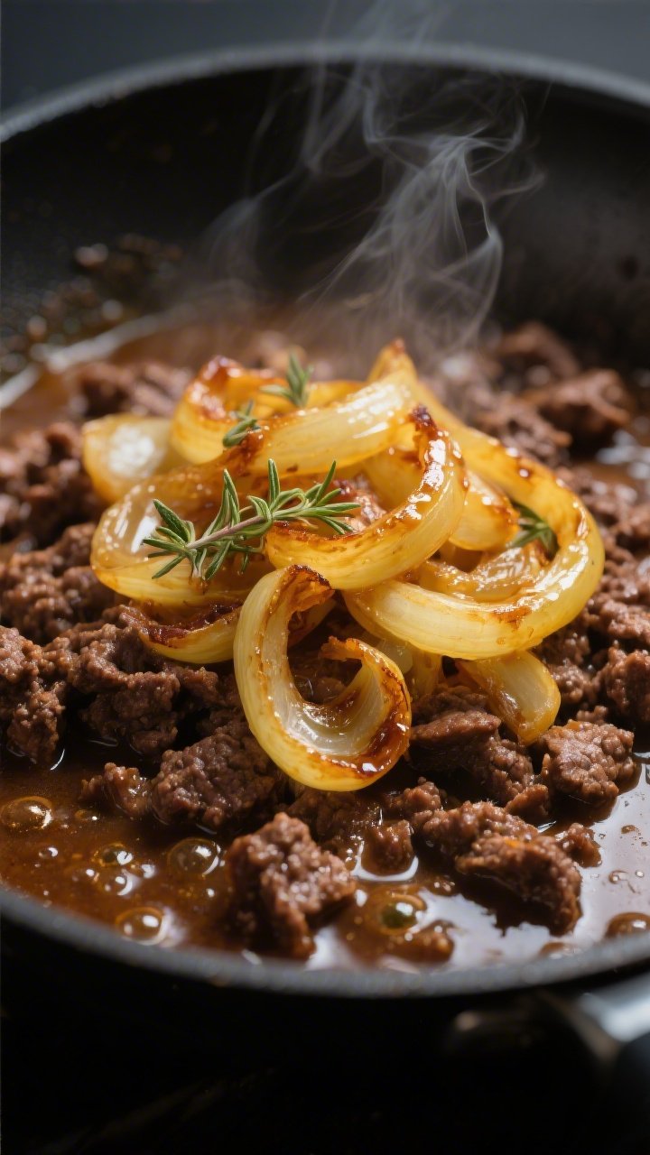 Close-up detail shot of caramelized yellow onions piled onto browned, crumbled ground beef in a skil